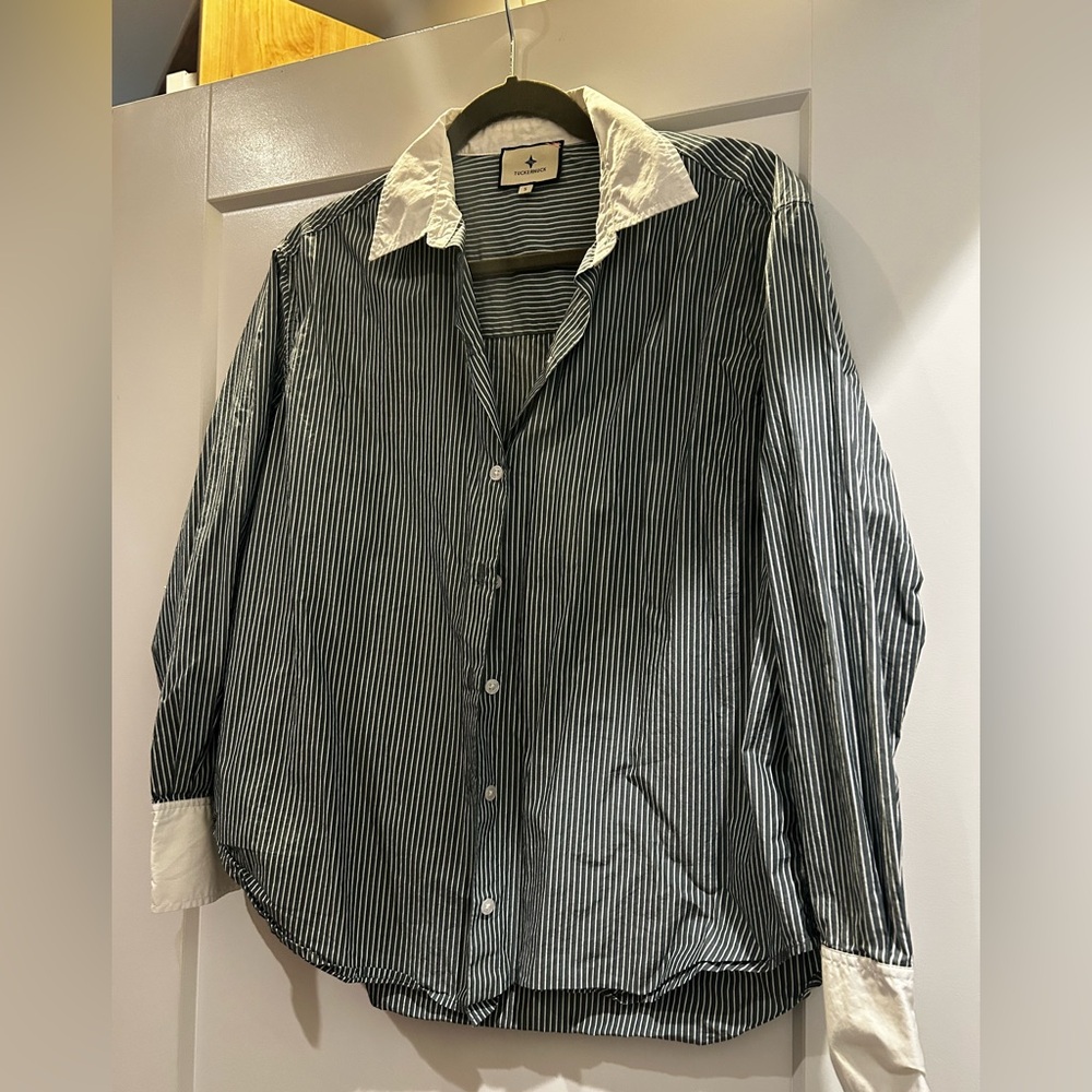 Tuckernuck Dark Green and White Striped Shirt